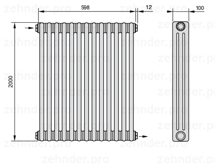 Схема (чертеж) Радиатор Zehnder Charleston 3200/13 №1670 Белый глянцевый RAL 9016
